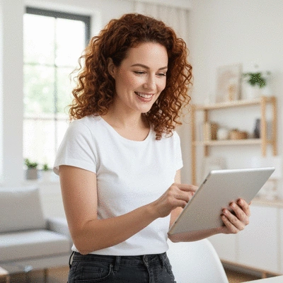 Woman looking at screening results on a tablet, illustrating patient empowerment