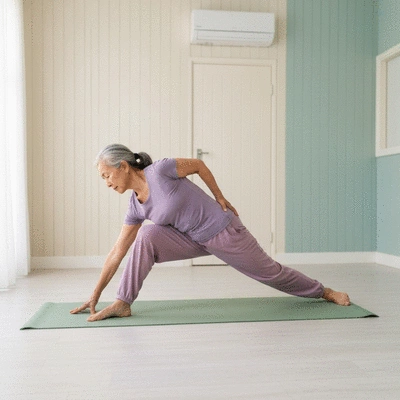 Person with arthritis doing gentle yoga stretches, serene and calm environment
