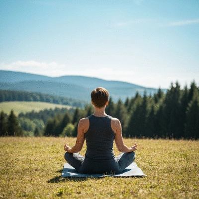 Person using mindfulness techniques to manage stress, possibly meditating or deep breathing, in a calm, natural setting.