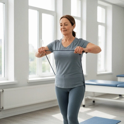 Person with arthritis doing gentle exercise with resistance bands, focus on joint support