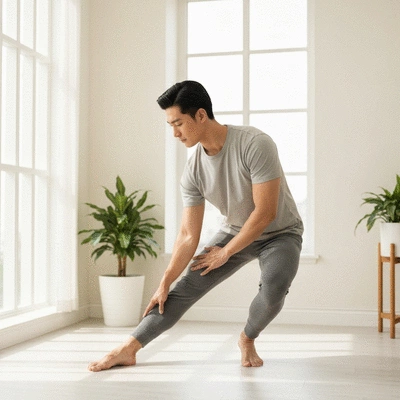 Person doing gentle stretching exercises in a bright, clean home environment, illustrating chronic pain relief