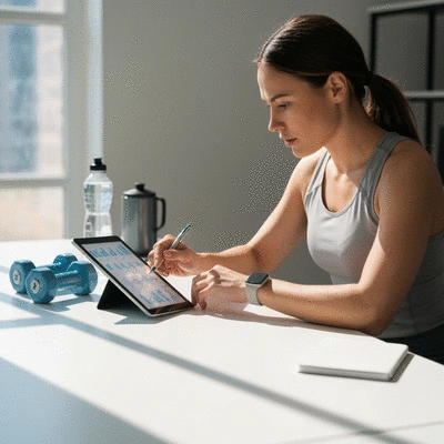 Person using a tablet to plan exercise, with a water bottle and small weights on a clean desk
