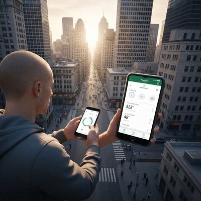 Person using a health tracking app on a smartphone, displaying a personalized health dashboard with health metrics and dietary goals.