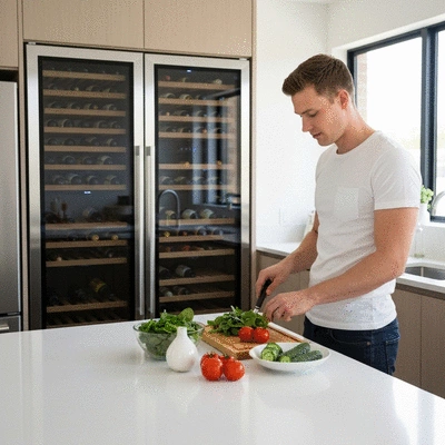 Person making healthy food choices in a bright kitchen