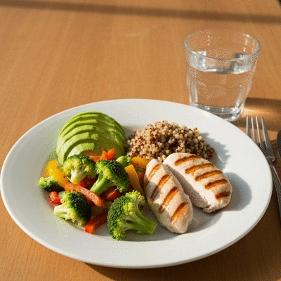 A balanced meal with healthy food and a glass of water, symbolizing nutrition and behavioral changes