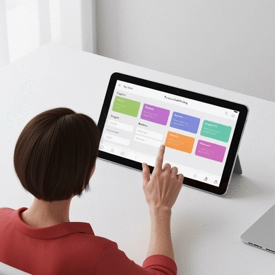 Person creating a personalized health plan on a digital tablet, showing elements like triggers, routine, and progress tracking.
